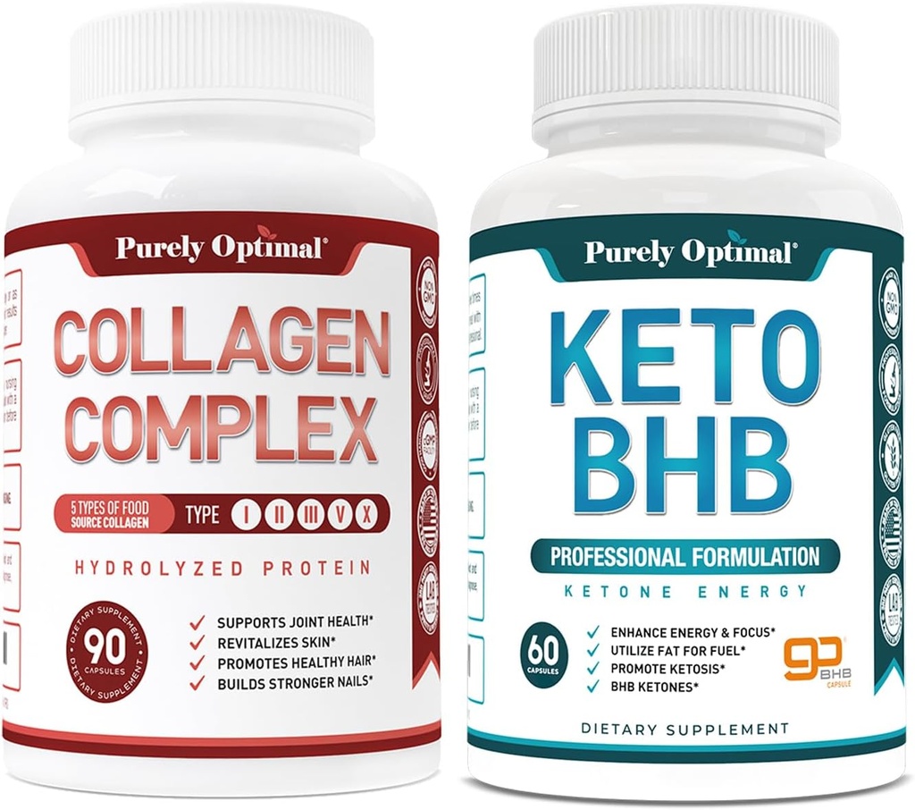 Purely Optimal Premium Keto Diet Pills Utilize Fat for Energy with Ketosis + Premium Multi Collagen Peptides Capsules (Types I, II, III, V, X)