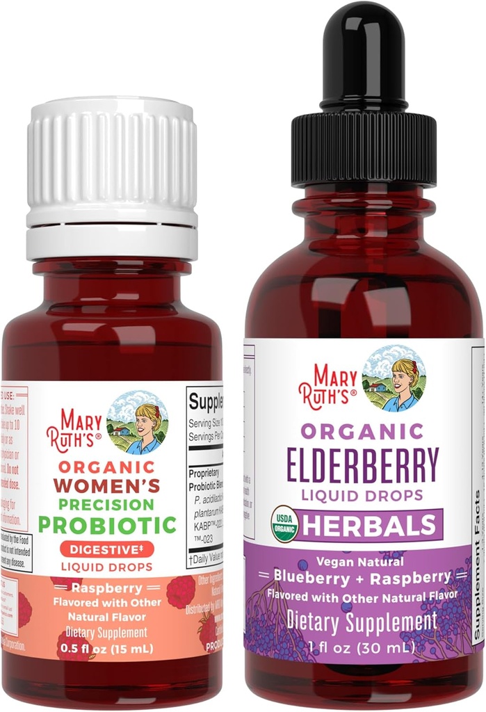 MaryRuth Organics Precision Probiotic for Women (Raspberry) & Elderberry Drops (Blueberry) | USDA Organic | Vitamins for Gut Health, Immunity, & Overall Wellness | Vegan, Non-GMO, Gluten Free