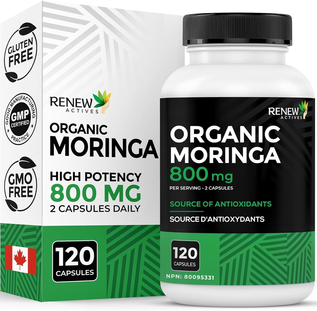Renew Actives Moringa Leaf Supplement 800MG per 2 Capsules- Antioxidant-Rich Moringa Oleifera - Promotes Good Health & Wellness - Easy to Swallow - Made in Canada - 120 Capsules