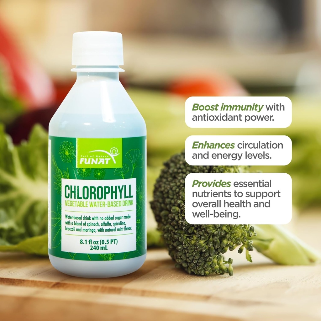 FUNAT Chlorophyll Plus Liquid with Natural Mint Flavor - Nutrient-Rich Green Supplement for Energy & Wellness, Easy-to-Use Drops - 8.1 FL OZ