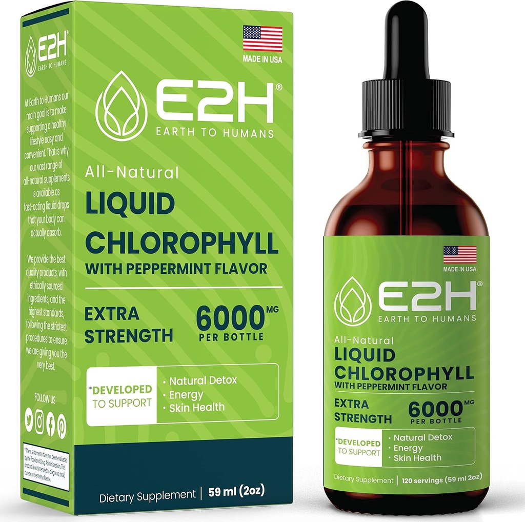 E2H Chlorophyll Liquid Drops - Natural Energy Booster, Immune System Support and Internal Deodorant - Peppermint Flavor - 2 Fl Oz