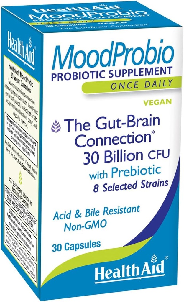HealthAid MoodProbio 30 Ct, 30 Billion CFU with Prebiotic, 8 Selected Strains, Once Daily, Acid & Bile Resistant, Gluten, Dairy, and GMO Free, Vegan
