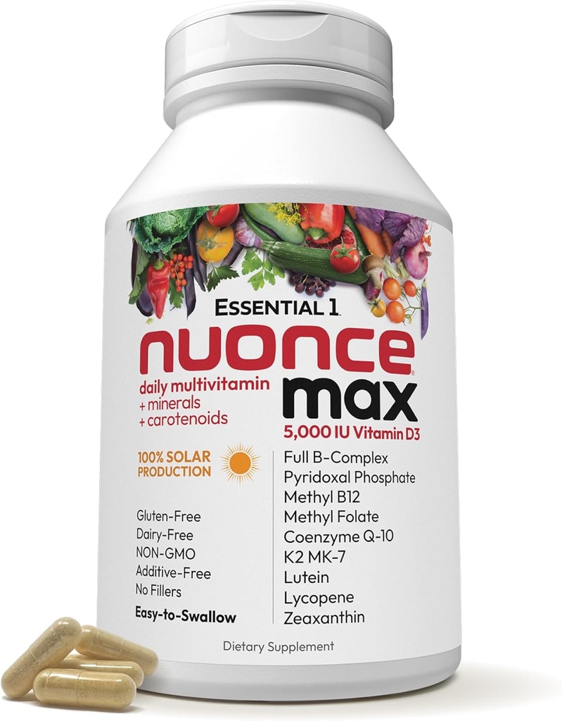 ANDREW LESSMAN Essential-1 nuonce max Multivitamin 5000 IU Vitamin D3 180 Small Capsules. 100 mcg Methyl B12. CoQ10 Lutein Lycopene Zeaxanthin. High Potency. No Additives. Ultra-Mild One Daily Capsule
