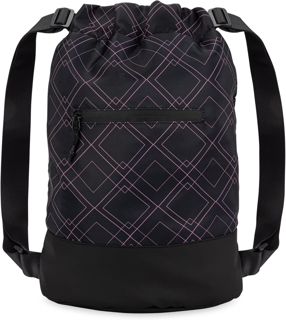 Flex Cinch Drawstring Gym Bag for Women with Graphic Designs | Durable Lightweight Gym Cinch Bags | Great for Gym Bag, Traveling, and Overnights | Black/Rose - Geometric