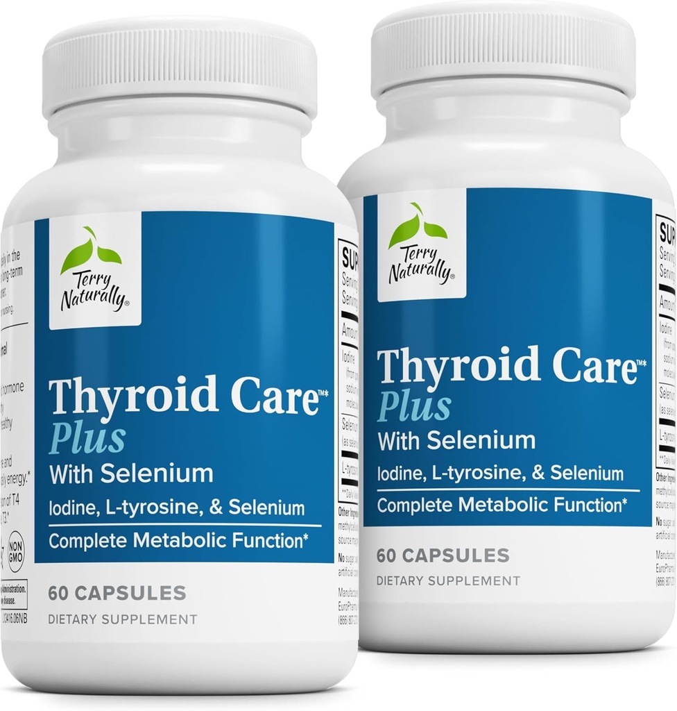 Terry Naturally Thyroid Care Plus - Supplement to Aid Thyroid - Dietary Supplement for Energy & Healthy Hair Support - Supplement with L-Tyrosine & Selenium - 60 Capsules (2 Pack)