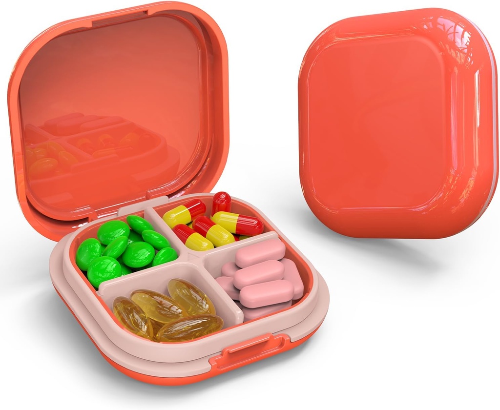 Daily Pill Organizer 4 Compartments, Small Pill Box Portable Travel Pill Case, Mini Pill Container for Purse Pocket, Compact Travel Medicine Organizer for Vitamin, Cod Liver Oil, Supplement (Pink)