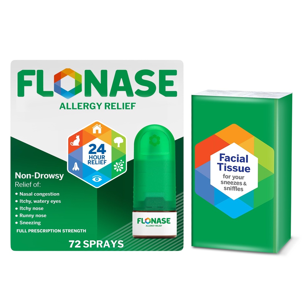 Flonase Allergy Relief Nasal Spray, 24-Hour Non-Drowsy Multi-Symptom Relief - 72 Sprays plus Bonus Pack of Tissues