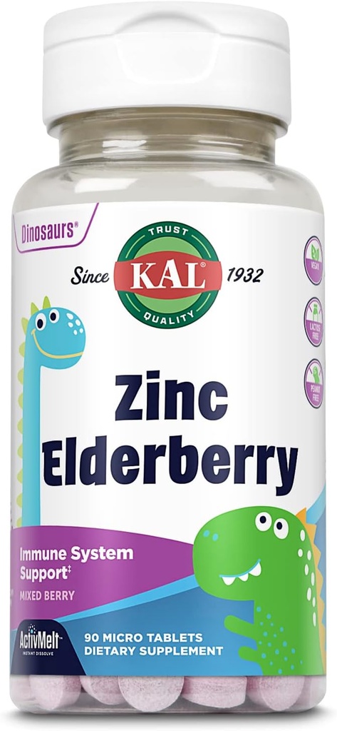 KAL Kids Zinc Elderberry Dinosaurs, Immune Support Supplement* for Children w/ Sambucus Elderberry, Fast Dissolving Mixed Berry ActivMelts, Fun, Tasty Dino Shapes, Vegan, 90 Servings, 90 Micro Tablets