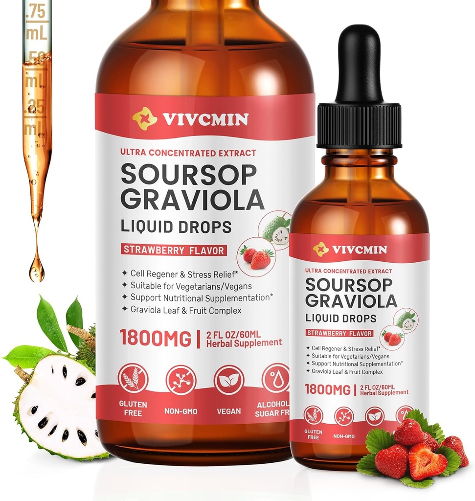 Graviola Soursop Leaf Extract Liquid - Soursop Bitters Liquid, Support Immune, Relax, Liver and Sleep, Sugar & Alcohol-Free, Highly Absorbable Formula, Strawberry Flavor, 2 Fl Oz