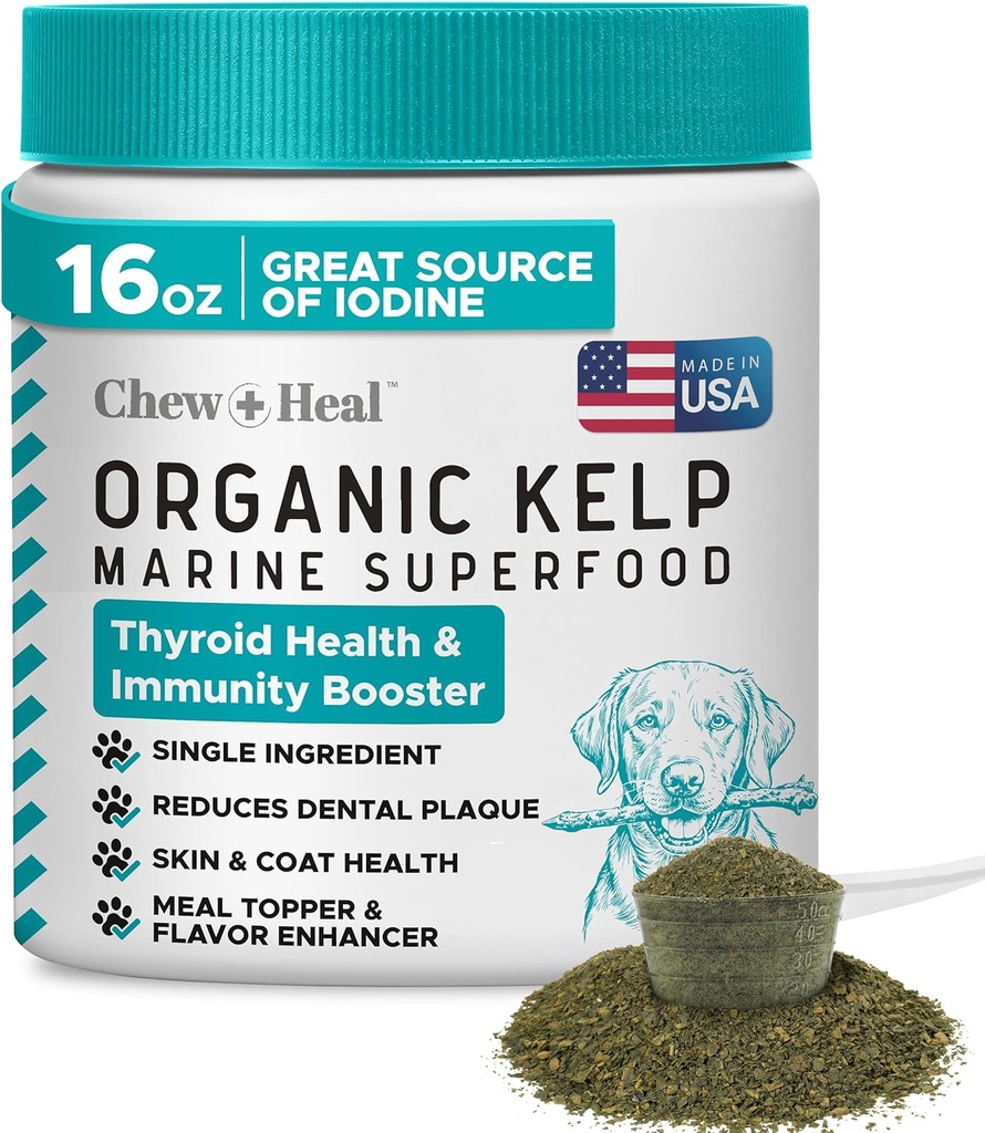 Kelp Supplement for Dogs - 16 oz of Kelp Powder Granules with 5cc Spoon - Good for Healthy Thyroid Function, Reduce Dental Plaque, and Skin Health - Made in The USA