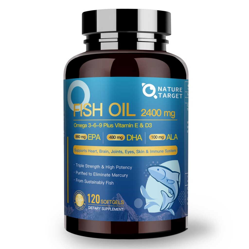 NATURE TARGET Triple Omega 3 6 9, Fish Oil 2400mg Softgels with Vitamin D3 & E - EPA & DHA & ALA - Supports Heart, Brain, Joint & Immune Health, Sustainably Sourced, Non-GMO