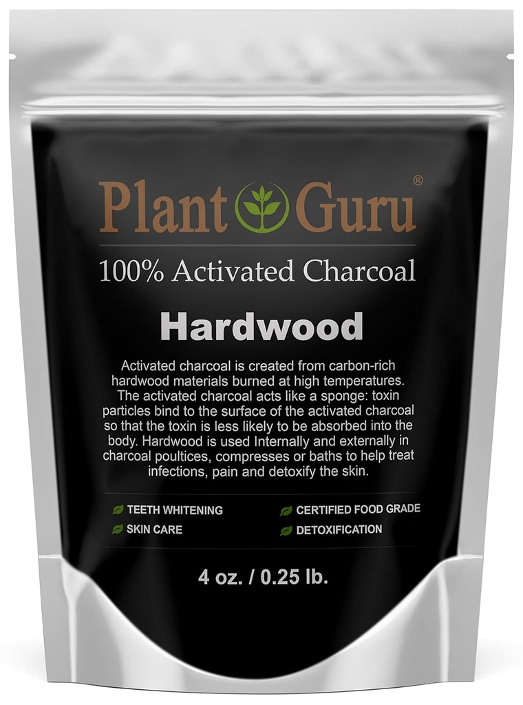 Plant Guru Activated Charcoal Powder 4 oz. HARDWOOD - Food Grade Kosher Non-GMO - Teeth Whitening, Facial Mask and Soap Making. Promotes Natural Detoxification and Helps Digestion