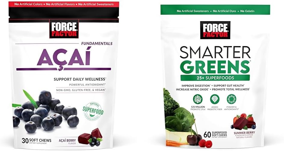 Force Factor Acai Soft Chews Immune Support and Smarter Greens Superfood Chews Digestion Support Bundle, 30 and 60 Count