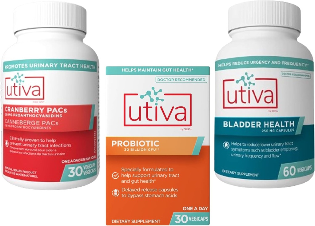 15% Bundle Utiva Cranberry PACs Supplement for Urinary Tract Health 30 Vegi Capsule + Utiva Probiotic for Gut and Urinary Tract Health 30 Delayed Release Vegi Capsule + Utiva Bladder Health 60 Capsule