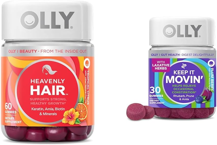 OLLY Hair Gummies with Keratin & Biotin and Constipation Relief Gummies with Rhubarb & Prunes - 60 + 30 Count
