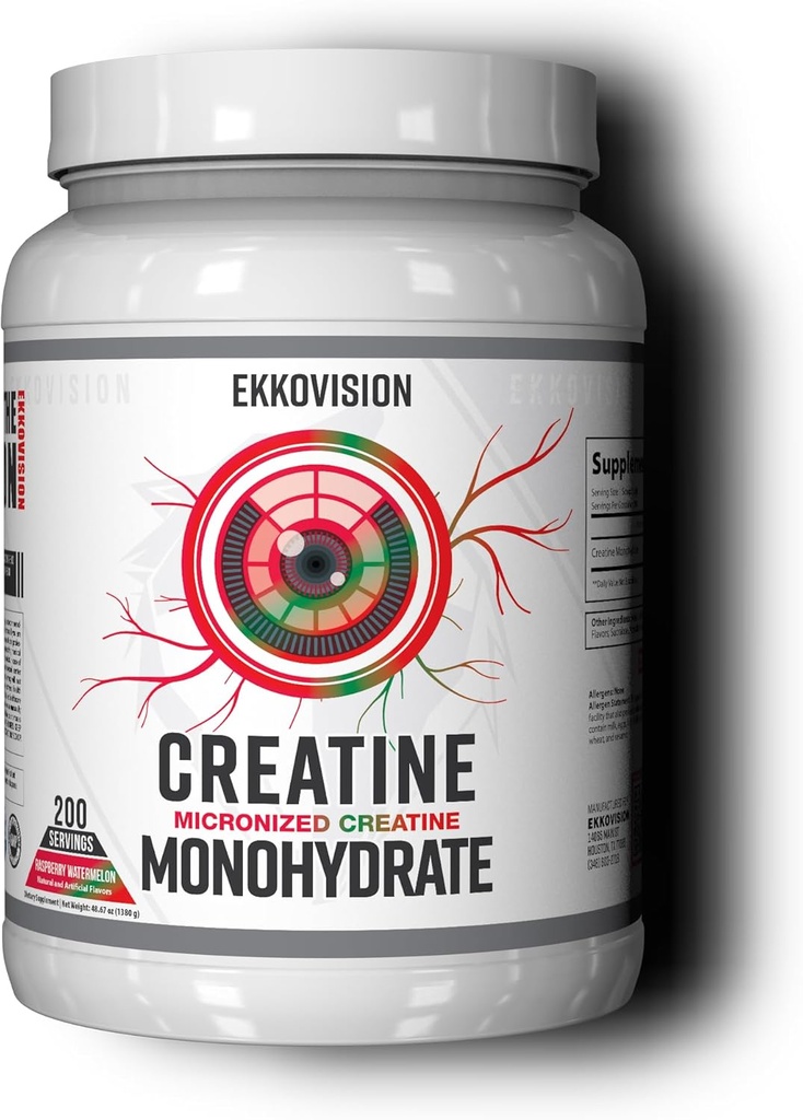 Ekkovision Creatine Monohydrate Powder, Micronized, Raspberry Watermelon, Pre & Post Workout Supplement for Men and Women, Energy Support, Easy to Mix in Shakes, Smoothies & Beverages, 200 Servings