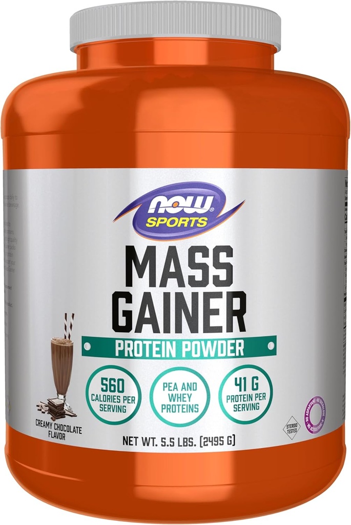 NOW Foods Sports Mass Gainer Protein Powder, Creamy Chocolate Flavor, Pea and Whey Protein Blend, 5.5 lbs.