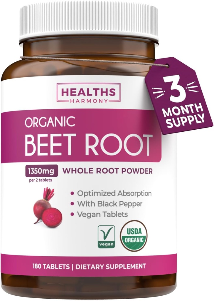 Organic Beet Root Powder Tablets - Extra Strength Beet Supplement with Black Pepper Extract for Enhanced Absorption to Support Heart Health Nitric Oxide Production & Athletic Performance (3 Months)