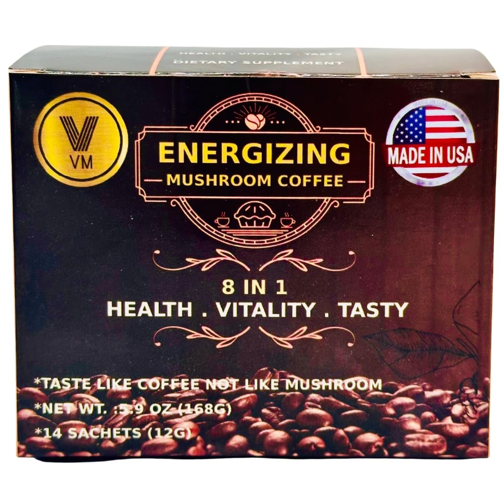 VM Energizing Mushroom Coffee-Reishi with Ginseng & Carbo Mix-Instant coffee.Natural Ganoderma With Instant Cafe.Dietary supplement.8-in-1 Mushroom Coffee.Mix coffee organic classic.Made in USA.(14)S
