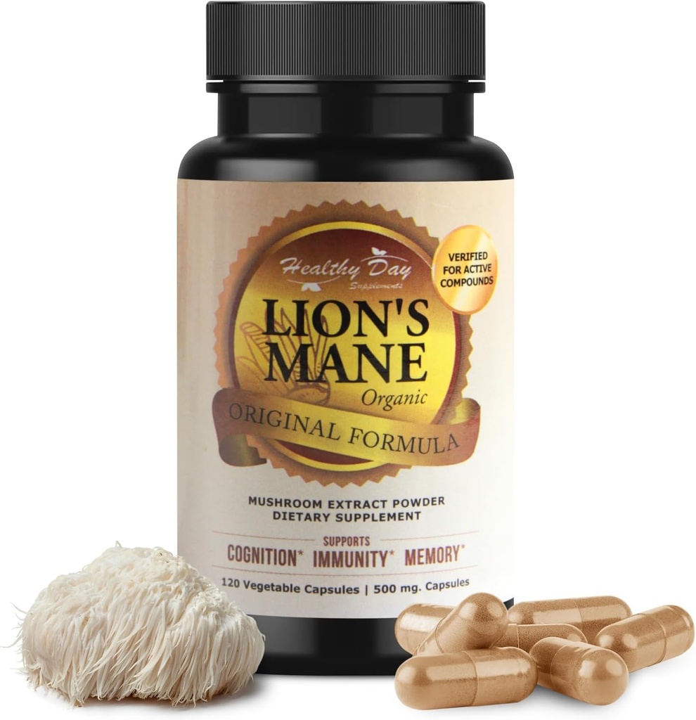 Lions Mane Mushroom Cognition Capsules - 120 Count | Organic, Gluten Free, Alpha Brain Supplement for Adults | Brain Vitamins & Focus Nootropic | Made in USA