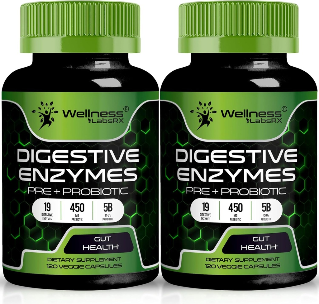 Digestive Enzymes with Probiotics and Prebiotics, 450mg, 5 Billion CFUs - Pure Super Digestion Capsules - Digestive Enzymes for Women & Men Support Digestion & Gut Health - 120 Count (Pack of 2)