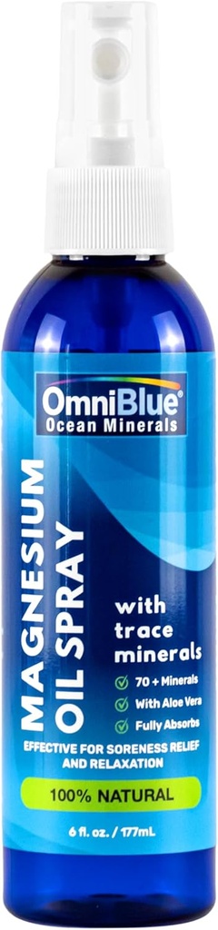 OmniBlue Magnesium & Ocean Mineral Spray- Topical, Ionic & Bioavailable Trace Minerals - Relief for Soreness, Cramps, Joints and Sleep - Spray Absorbs Fast, No Sting - USA Made (6oz)
