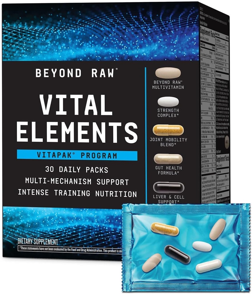 BEYOND RAW Vital Elements Vitapak Program, Nutrition Vitamin Packs for Men and Women, Gut Health Formula, Strength, NAC, Joint Mobility, 30 Packets