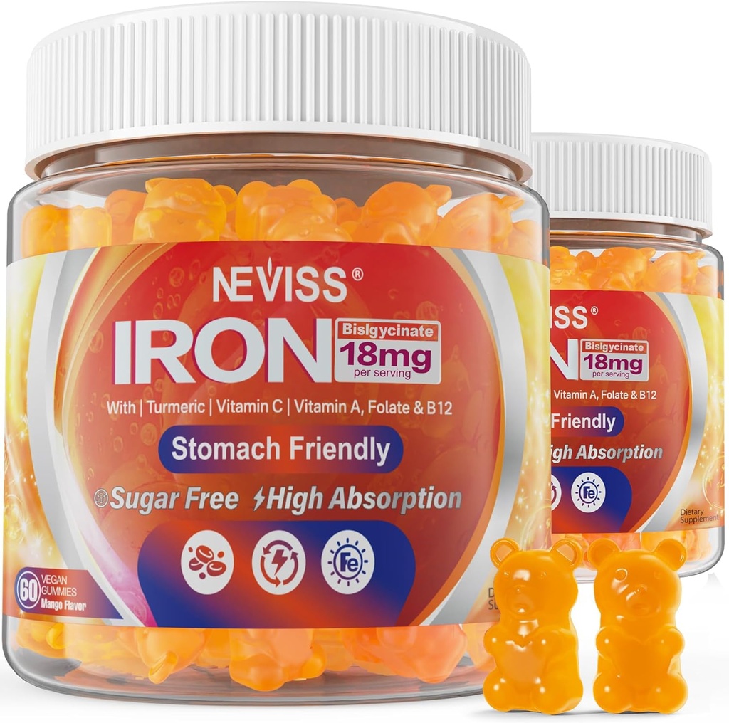 Vegan Iron Gummies Supplement with Vitamin C, B12, Folate & Turmeric - Energy & Immune Health | Gummy Iron Bisglycinate 18mg Gentle & Non-Constipating - Women & Men, 2 Pack