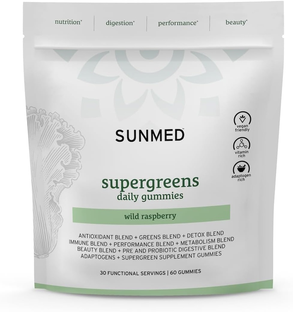 SUNMED Supergreens Daily Gummies – Wellness Blend with Ashwagandha, Green Tea, Spirulina, Probiotics, Antioxidants & Detox Support for Immunity, Gut, Skin & Brain Health | Wild Raspberry, 60ct