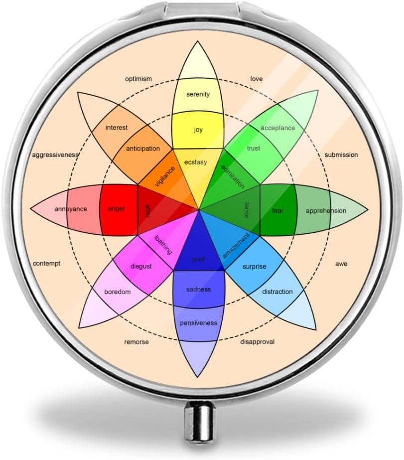 Wheel of Feelings Emotion Wheels Pill Box Purse Pocket Small Round Pill Case Decorative Box Metal Medicine Vitamin Pill Organizer Portable Unique Gift, 19.68in/50cm, Silver 6