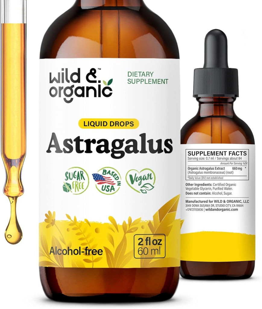 Wild & Organic Astragalus Tincture - Immune Support Drops w/Astragalus Root Extract - Herbal Supplement for Calmness & Relaxation - Vegan, Sugar & Alcohol Free - 2 fl oz