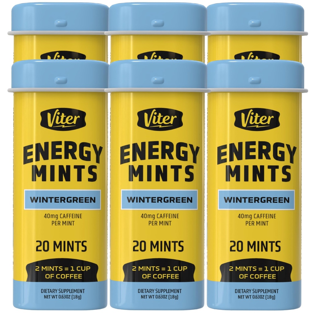 Viter Energy Caffeinated Mints 40mg Caffeine, B Vitamins, Sugar Free. (Wintergreen, 20pcs, 6 Pack)
