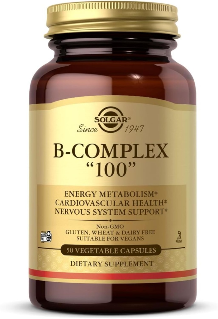 Solgar B-Complex 100" - 50 Vegetable Capsules - Energy Metabolism, Nervous System Support - Non-GMO, Vegan, Gluten Free - 50 Servings