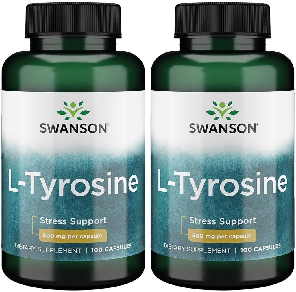 Swanson L-Tyrosine - Amino Acid Supplement Promoting Stress Support, Cognitive Function, and Mental Clarity - Helps Support Overall Brain Health - (100 Capsules, 500mg Each) (2 Pack)