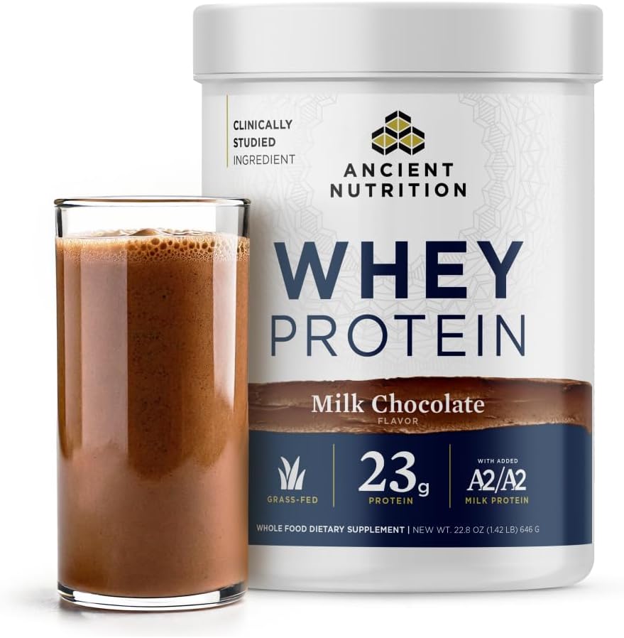 Ancient Nutrition Grass Fed Whey Protein, Milk Chocolate, 23g Protein, 20 Servings, Hydrolyzed Collagen Peptides, Organic Regenerative A2/A2 Milk Protein