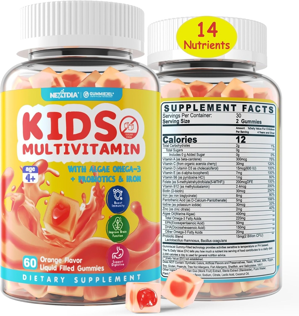Kids Multivitamin Gummies with Iron, Sugar Free, Kids Daily Vitamins + Probiotics, Algae Omega 3 (EPA/DHA), A, C, D, Methyl B12, Folate, B6, Zinc, Biotin, for Healthy Growth, Immune Support, 60 Count