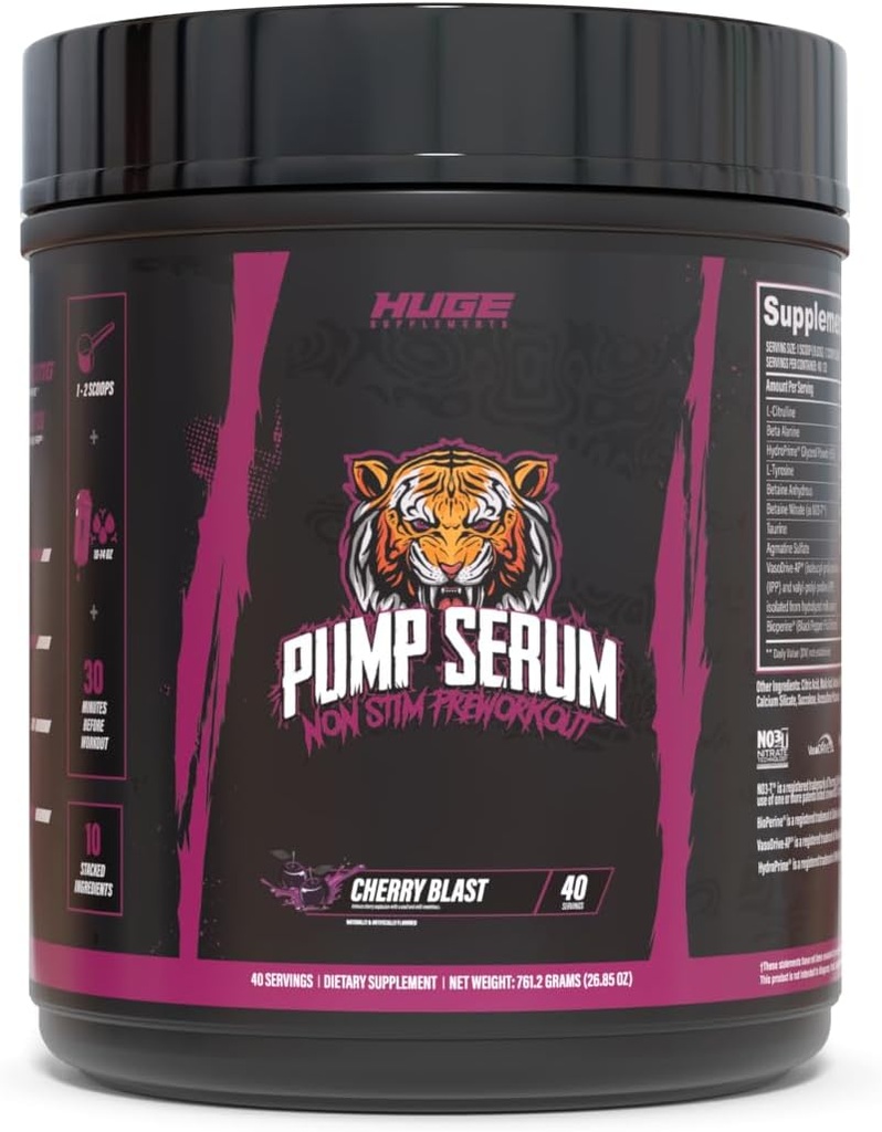 Huge Supplements Pump Serum, Stim Free Pre Workout and Nitric Oxide Booster to Enhance Focus, Pumps, Fulness with No Caffeine, L-Citrulline, GlycerPump, L-Tyrosine, Nitrosigine (Cherry Blast)
