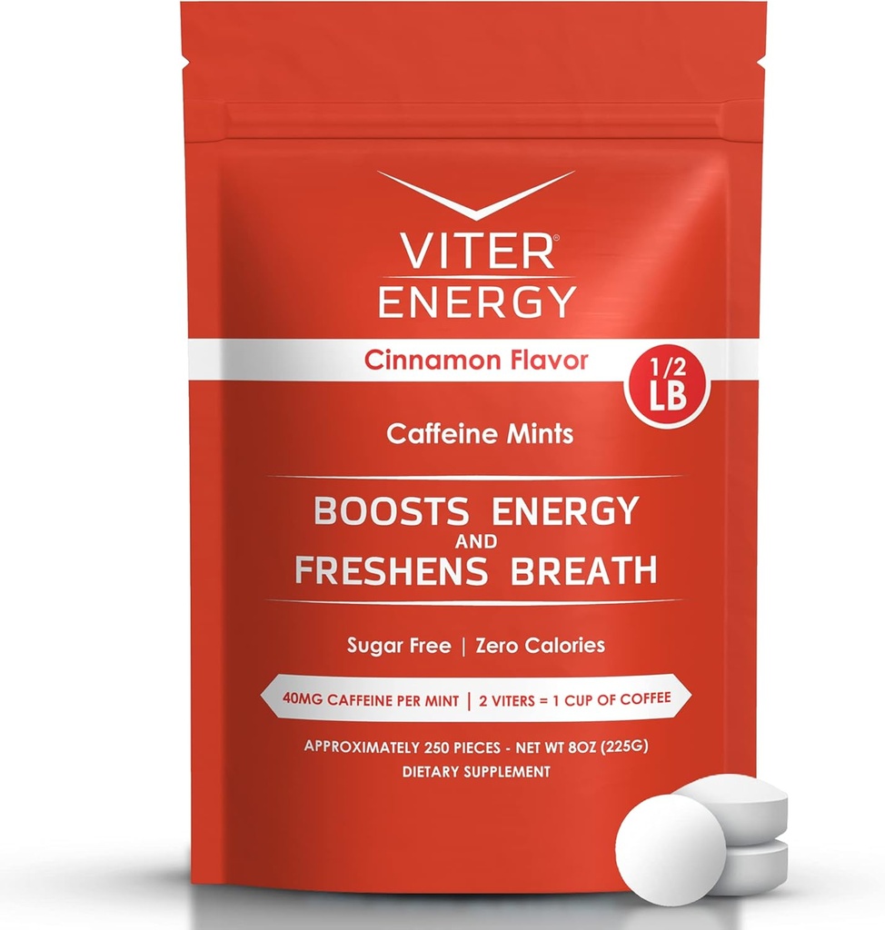 Viter Energy 40mg Caffeine Mints - Sugar Free, B Vitamins, Vegan, Boosts Fast Energized Alert Focus, Caffeinated Nootropic Supplement Pills (Cinnamon Flavor, 8oz, Bulk Bag)