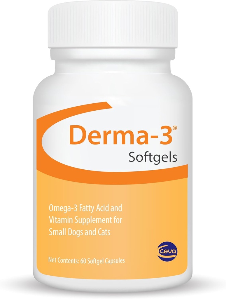 Ceva Derma-3 Softgels, Omega-3 Fatty Acid & Vitamin Supplement for Small Dogs + Cats (60 Count)