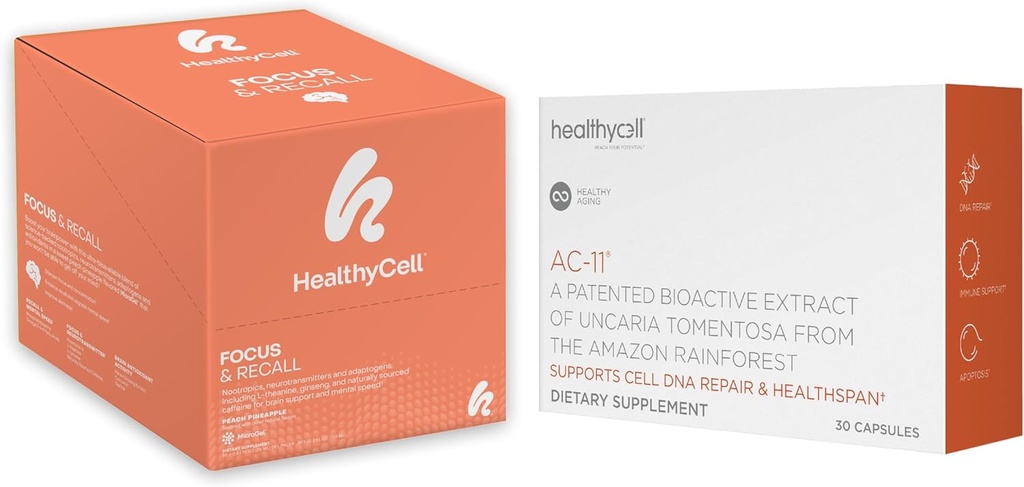 Healthycell Telomere Length Healthy Aging Supplement + Focus & Recall Brain Supplement for Memory & Focus Bundle