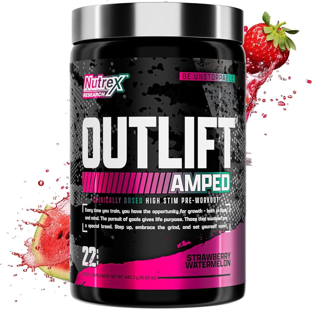 OUTLIFT Amped Max Dosed HIGH STIM Pre Workout Powder 6G Citrulline, 3.2G Beta Alanine, Alpha GPC, CognatiQ, Extreme Energy, Massive Pumps, Electrolytes (Strawberry Watermelon, 22 Servings)
