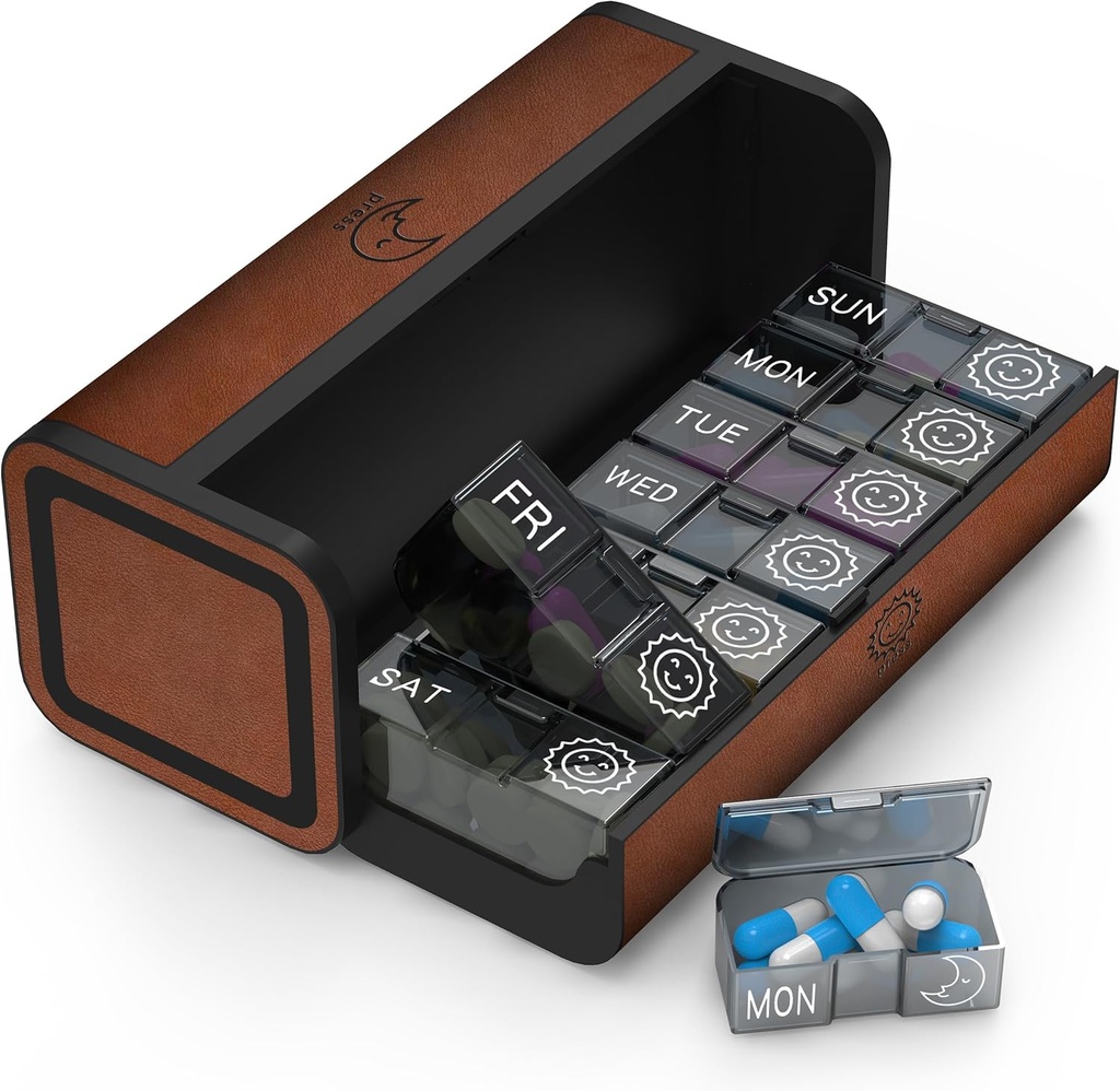 Pill Organizer 2 Times a Day, Am Pm Twice Daily Pill Case, Detachable Large Travel Pill Box 7 Day, Weekly Pill Container for Vitamin Medicine Supplement Fish Oil (Brown)