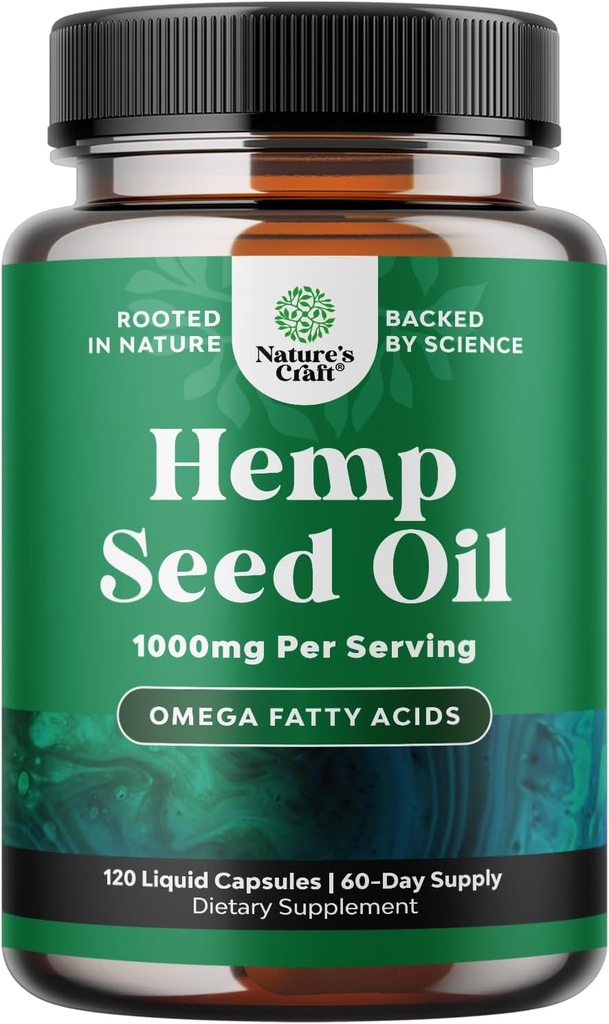 High Absorption Hemp Oil Capsules - Vegan Omega 3 6 9 Supplement with Essential Fatty Acids for Joint Support Relaxing Mood and Skin Health - Halal Non-GMO 1000mg per Serving Hemp Seed Oil Capsules