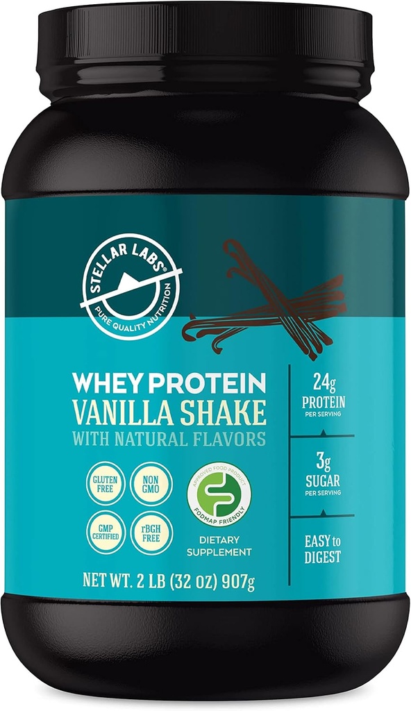 Stellar Labs Whey Protein Powder with BCAA's & Whey Isolate | Certified Low FODMAP, Non GMO, Gluten Free, Soy Free, Low Carb, Keto, with Stevia | All Natural Lean Post Workout Shakes | Vanilla
