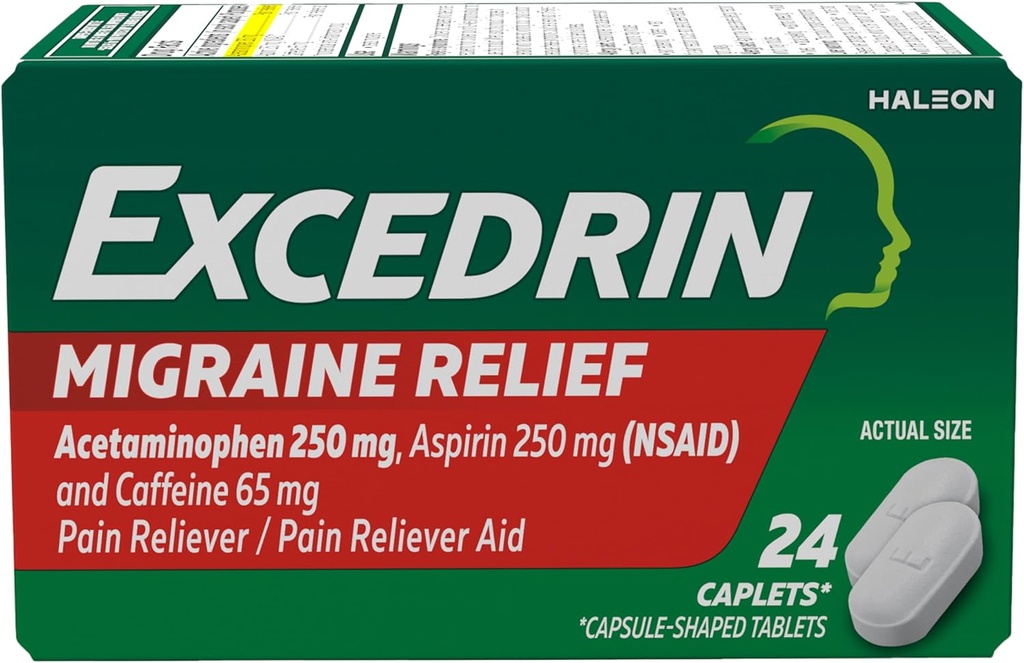 Excedrin Migraine Relief Caplets for Migraine Symptoms, Acetaminophen 250mg, Aspirin 250mg, Caffeine 65mg, Pain Reliever, 24 Count