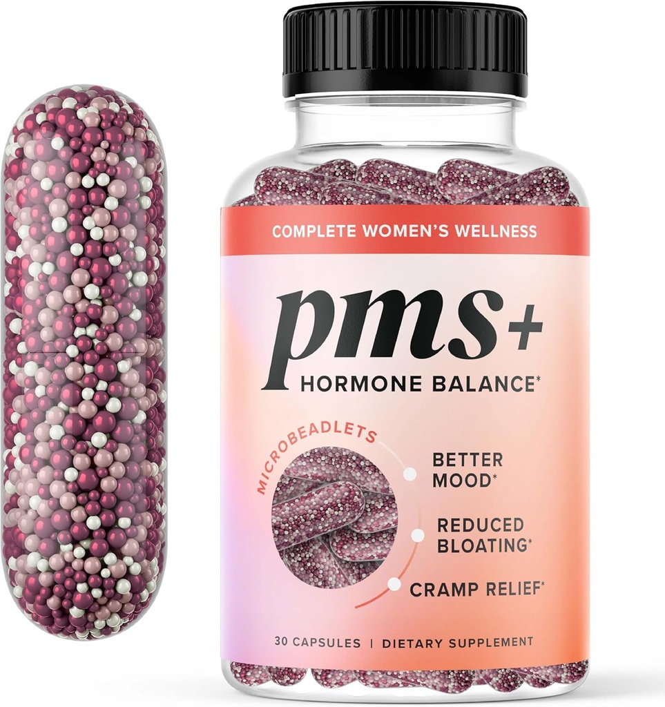 PMS Support Supplement for Women with PMS Relief | Hormonal Acne, Hormone Balance & Period Relief | Chasteberry Supplements | Microbeadlets with Dong Quai, Cranberry & Vitamin B6 | Non-GMO 30ct