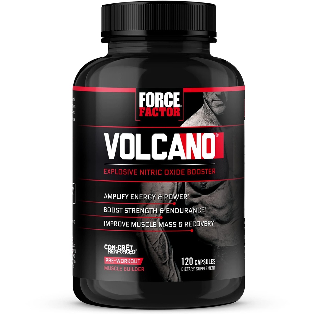 Force Factor Volcano Pre Workout Nitric Oxide Booster Supplement for Men with Creatine and L-Citrulline to Boost and Energy, Help Build Muscle, Better Pump and Workout, 120 Capsules
