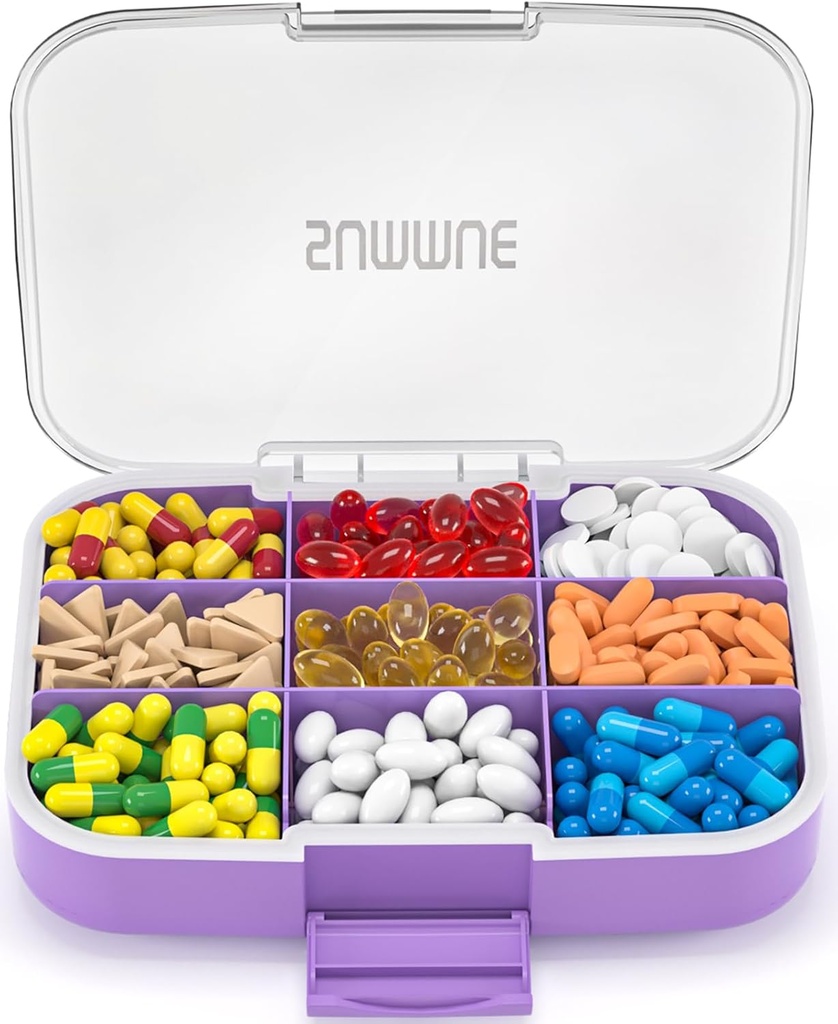 Large Pill Organizer, 9 Compartments Portable Travel Pill Box Case Moisture Proof, XL Pill Container Holder for Vitamins, Cod Liver Oil, Supplements, Medication (Purple)