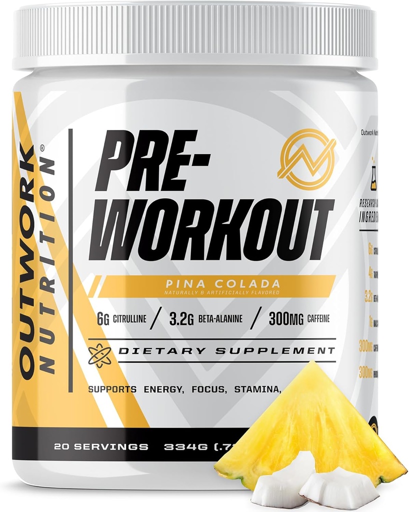 Outwork Nutrition Preworkout for Men & Women - Nootropic Pre Workout Without Creatine, Pre-Workout Powder with Taurine Rhodiola Citrulline Malate Beta Alanine Caffeine (Pina Colada)