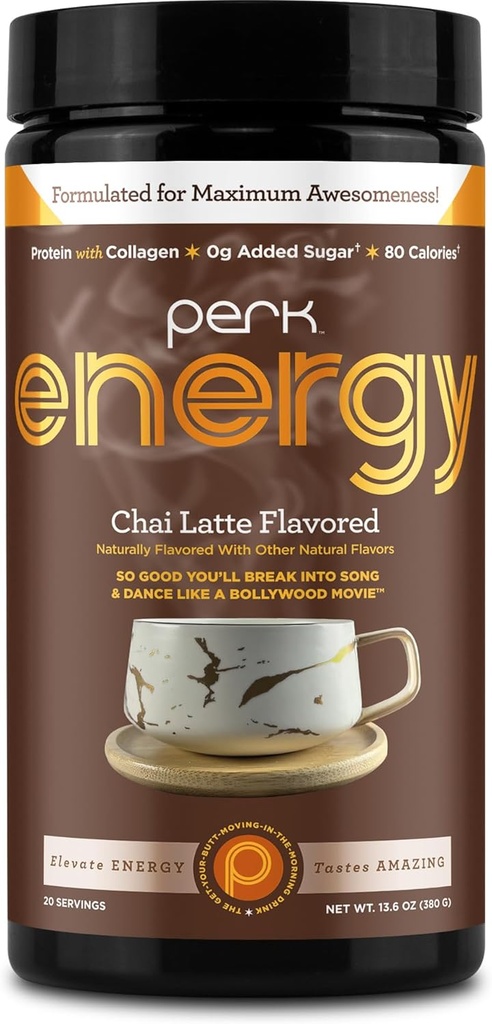 Perk Energy Original Chai Latte Flavored Drink Powder (20 Servings) - Gluten-Free, Peanut-Free